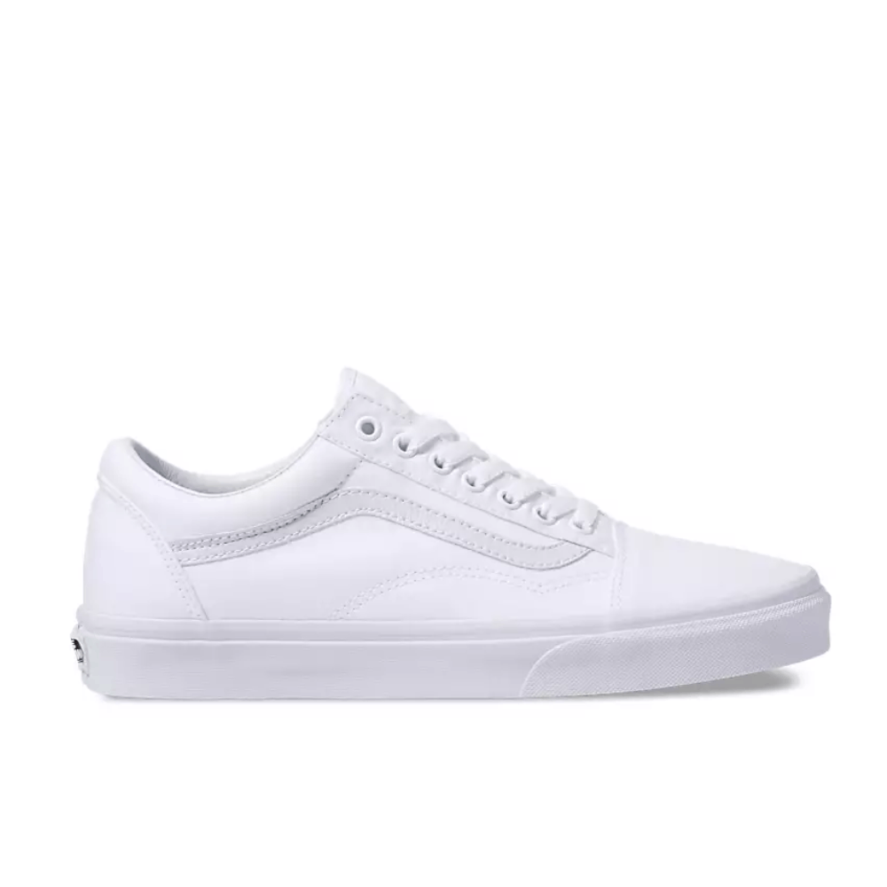 Vans Old Skool Canvas Shoes - Iconic Sidestripe Low-Top Design with Durable Construction and Signature Rubber Waffle Outsoles. True white color and shoe  facing right.