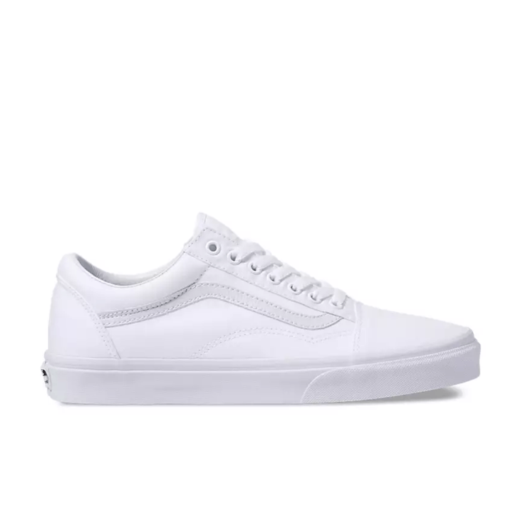 Vans Old Skool Canvas Shoes - Iconic Sidestripe Low-Top Design with Durable Construction and Signature Rubber Waffle Outsoles. True white color and shoe  facing right.