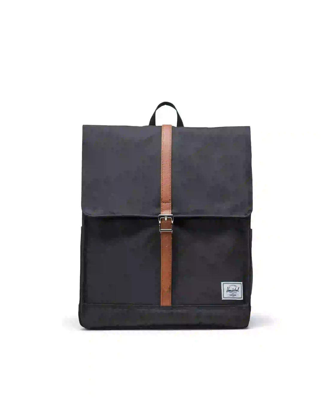 A Herschel City Backpack with a sleek design, featuring a black body with a brown leather-like strap and buckle, and a small white tag with the Herschel logo on the front.