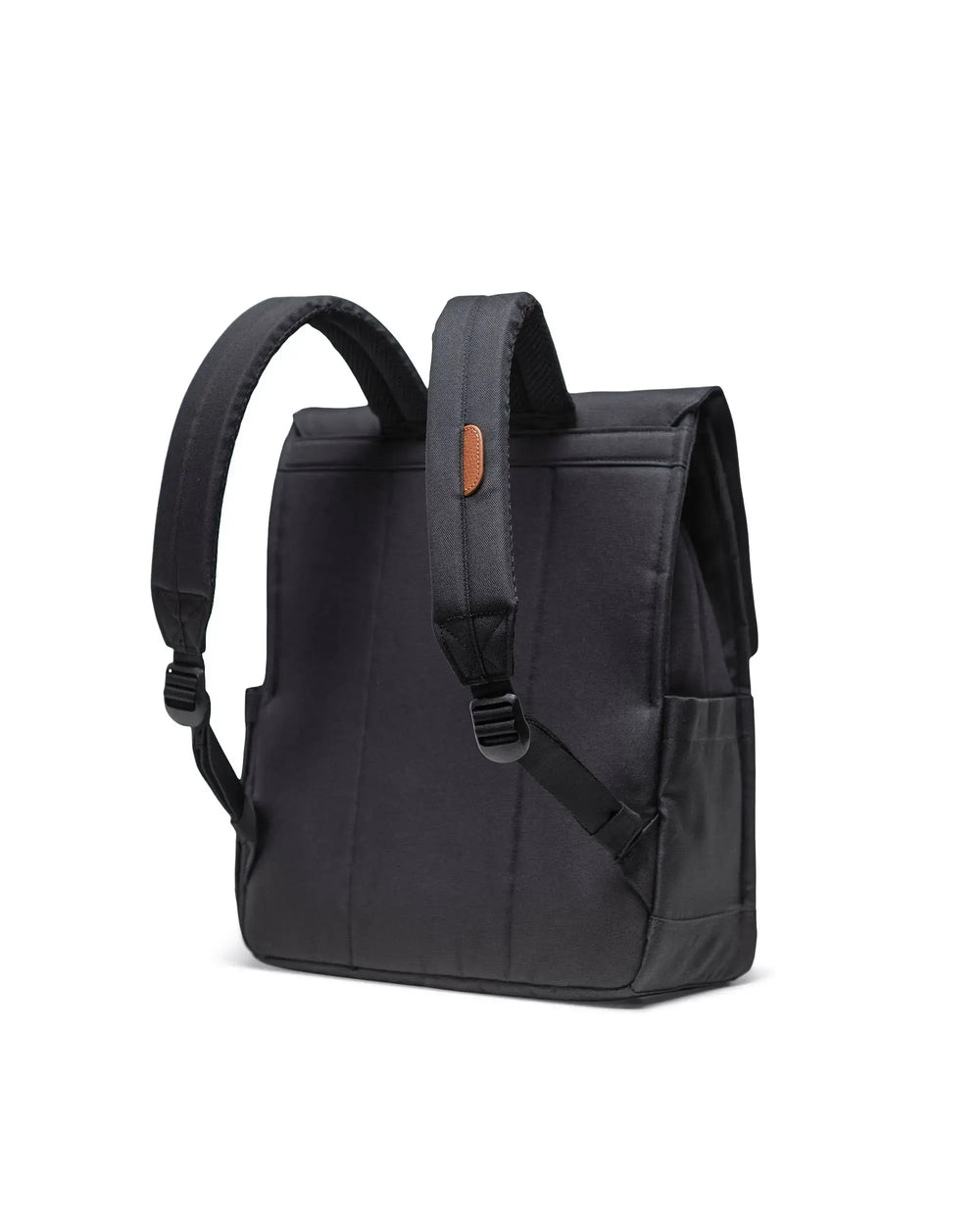 A black backpack on a white background