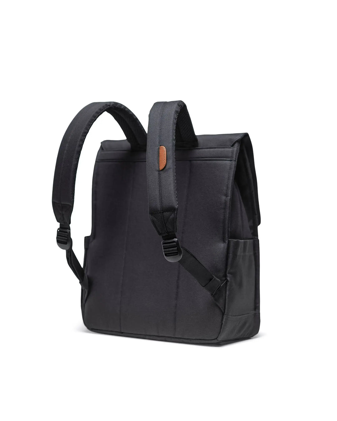 A black backpack on a white background