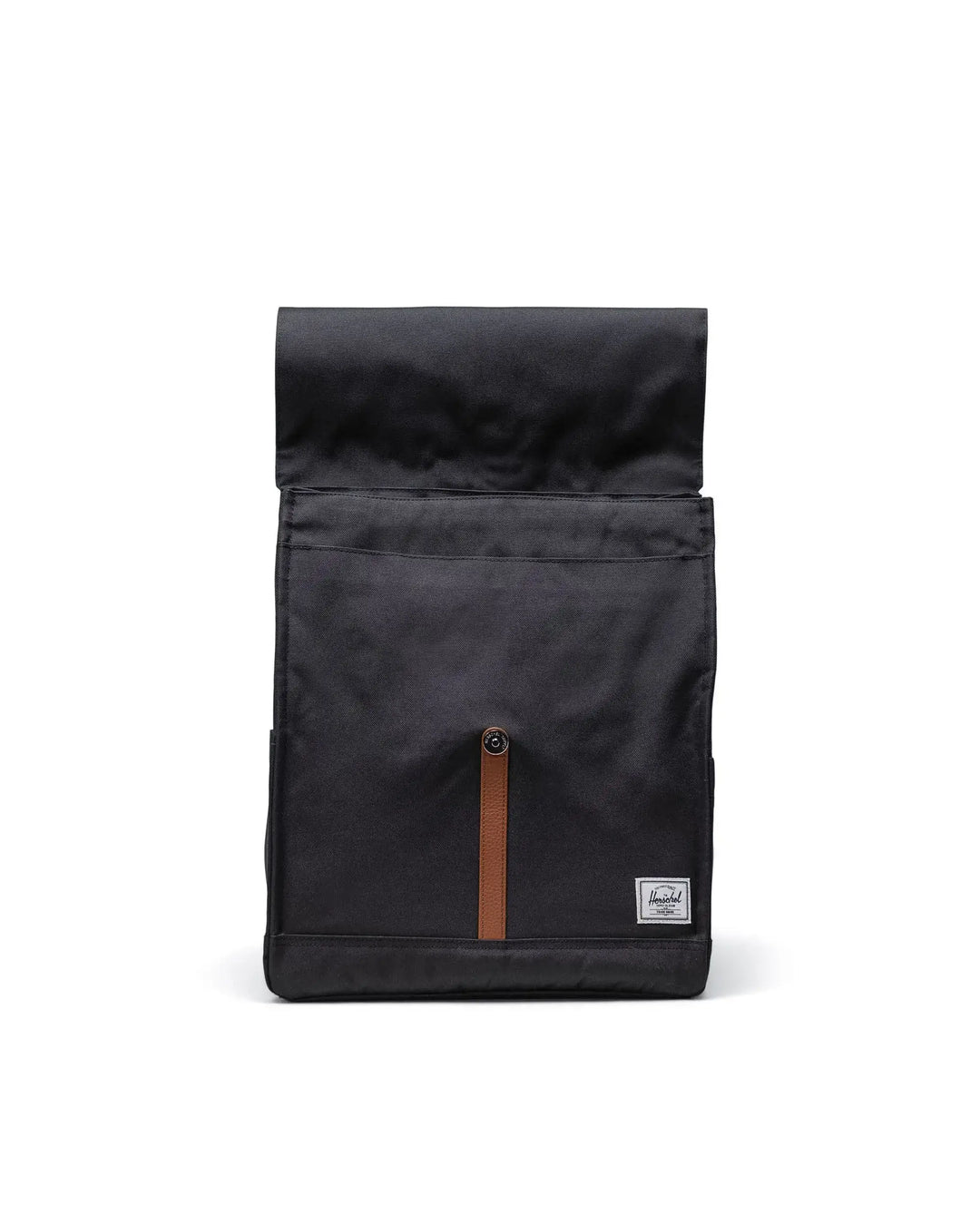 A black backpack on a white background