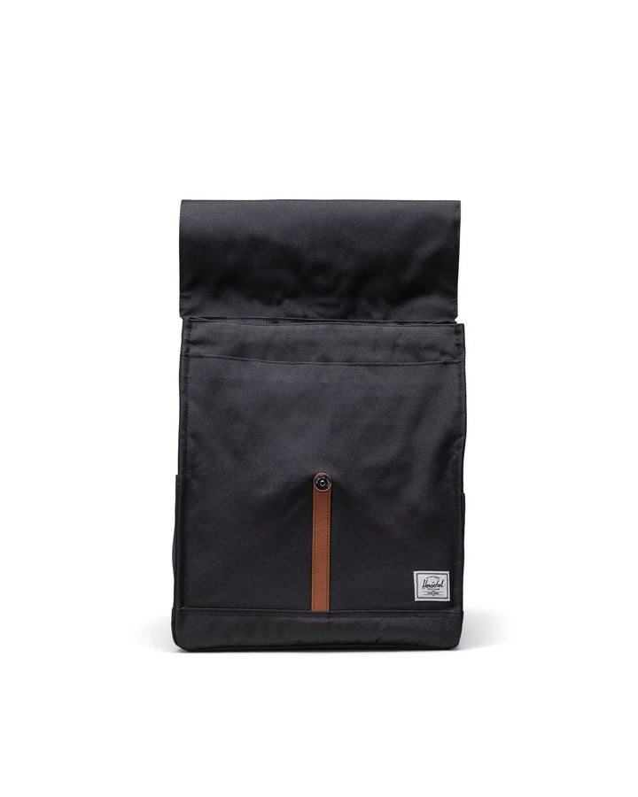 A black backpack on a white background