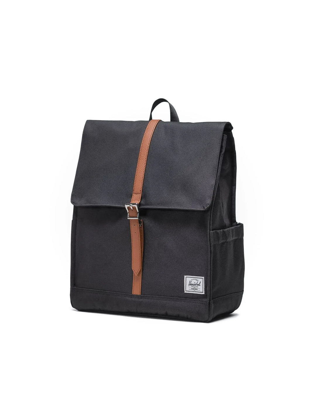 A black backpack on a white background