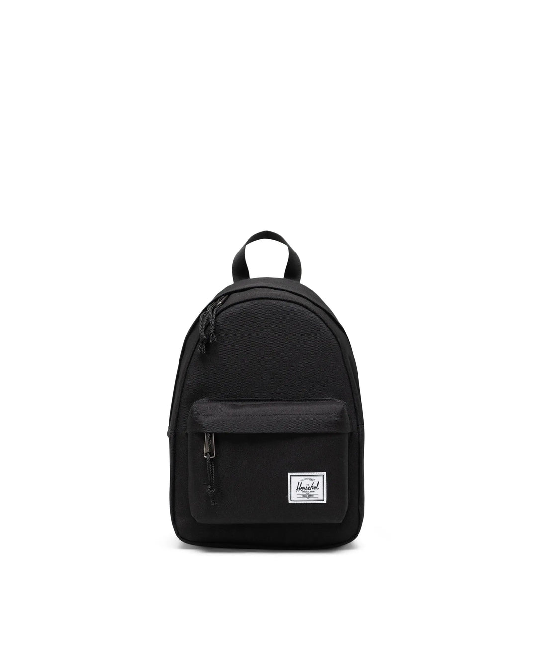A compact black Herschel Classic Mini Backpack with front pocket and brand label visible.