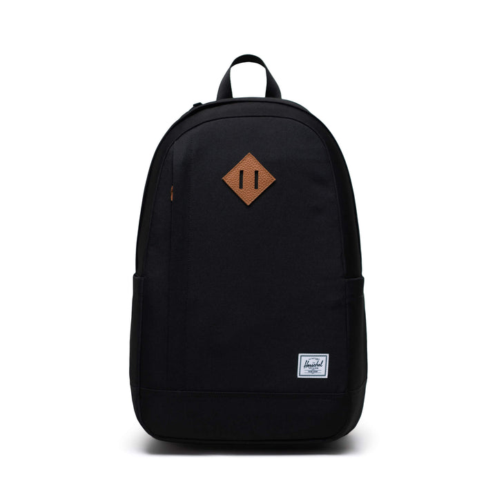 A black backpack on a white background