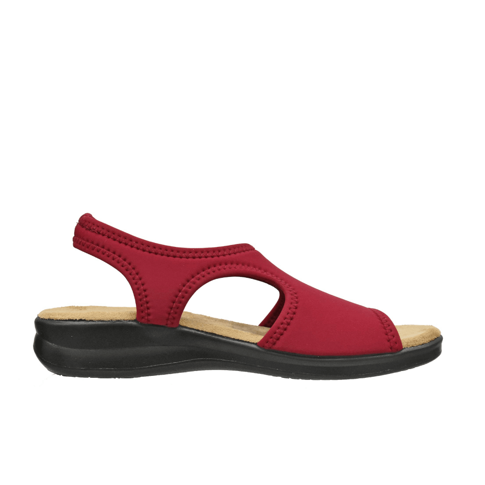 Madina Youla Casual Women Lightweight Slip-on Sandals - Made in Europe, Stretchy and Soft Materials, Cushioned Footbed, Shock-Absorbing Non-Slip Sole, Monochrome, Burgundy Crimson, Side view