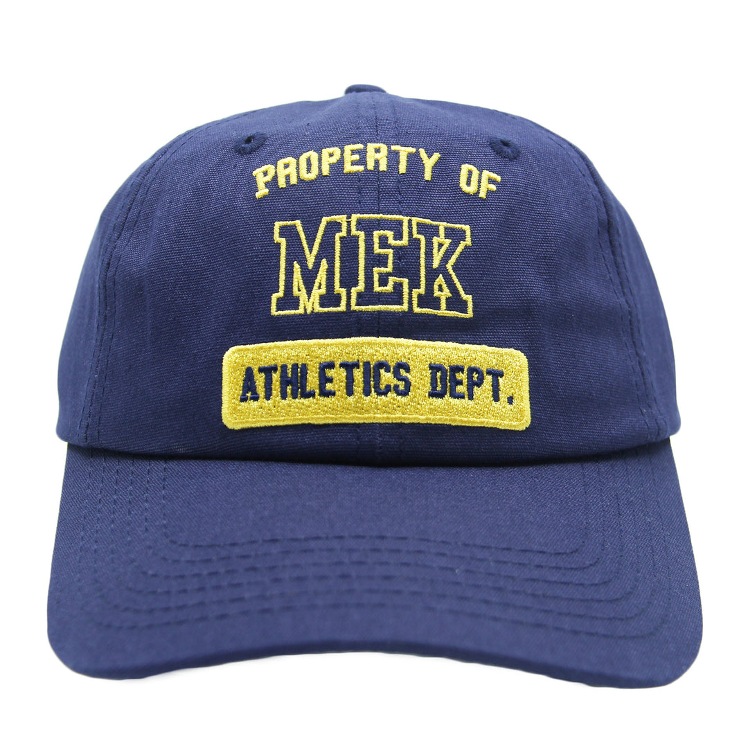 Blue cap with yellow text 'PROPERTY OF MEK ATHLETICS DEPT.' on a white background