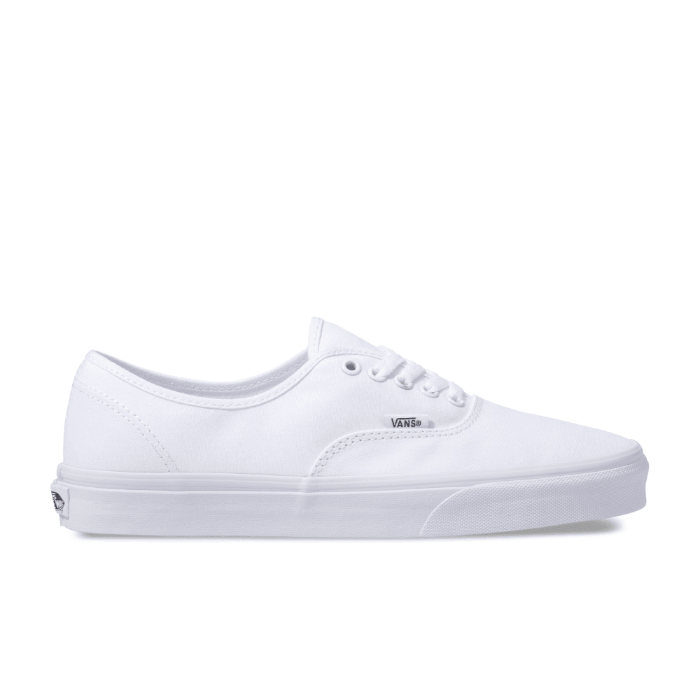 Vans Authentic low-top sneakers in a classic canvas design, featuring sturdy uppers in seasonal colors. The iconic rubber waffle outsole and lace-up closure provide a timeless look for creative and casual styles. True White color and Right facing angle view.