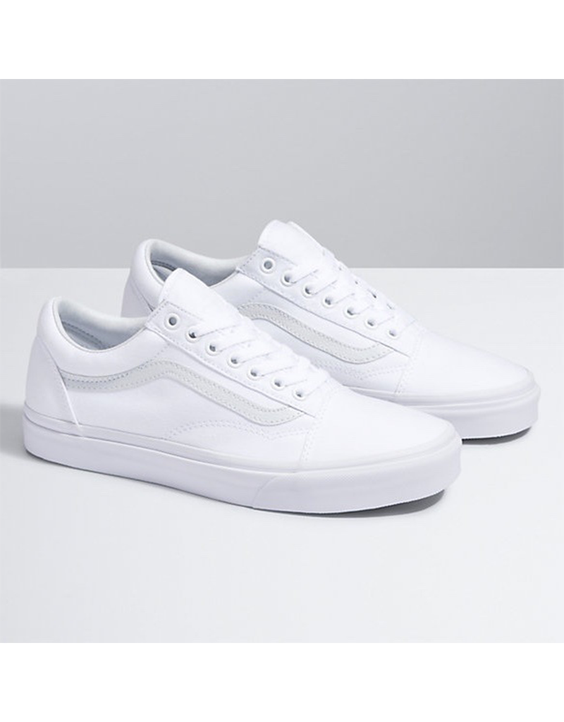 Vans Old Skool Canvas Shoes - Iconic Sidestripe Low-Top Design with Durable Construction and Signature Rubber Waffle Outsoles. True white color and side view.
