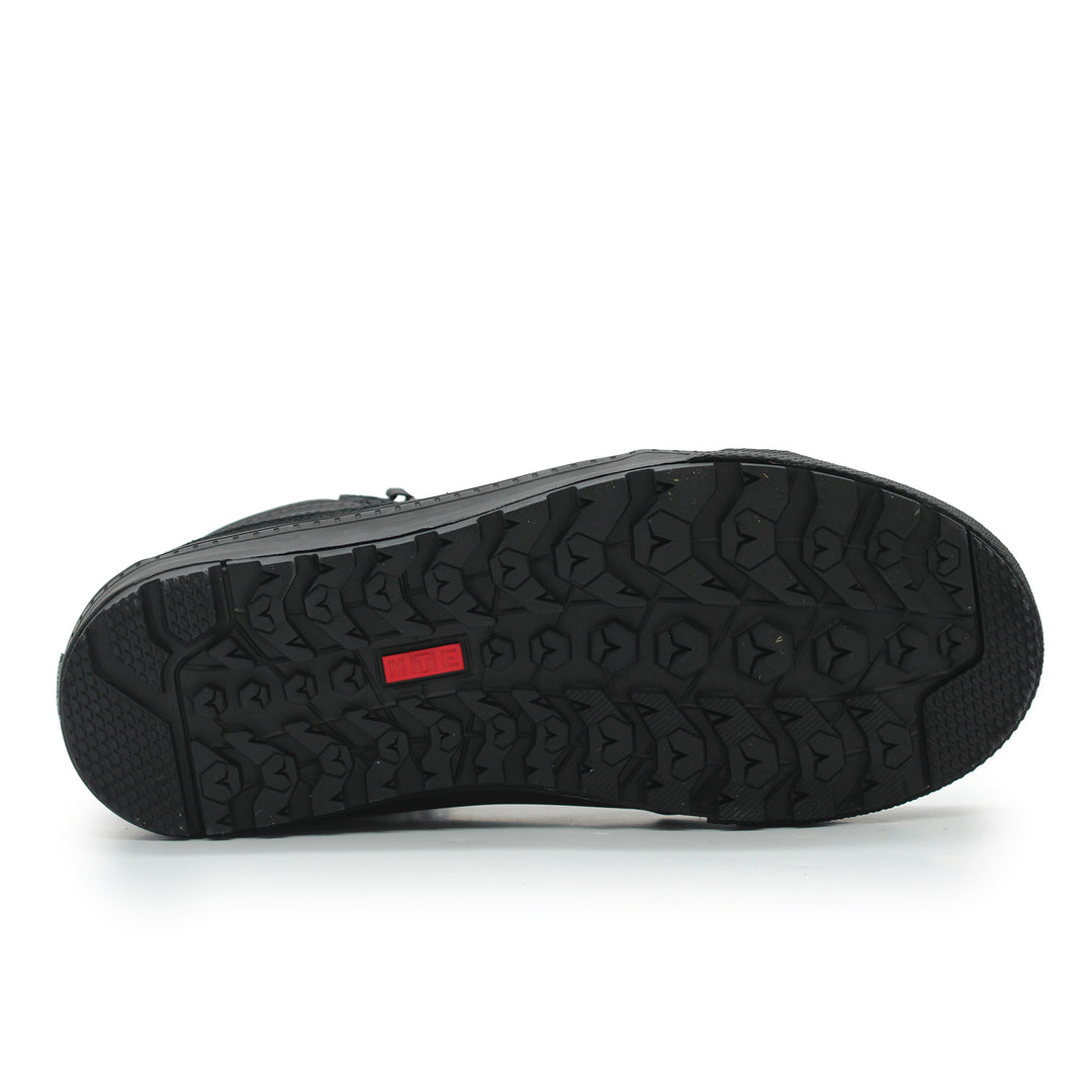 Black shoe sole with red label on a white background