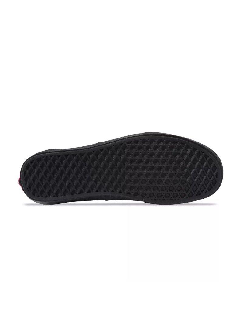 Vans Era Skate Shoe - Legendary low-top design with padded collars, sturdy canvas uppers, metal eyelets, and signature rubber waffle outsoles. A symbol of skate and street culture since 1976. Black/Black color and bottom rubber sole angle view.