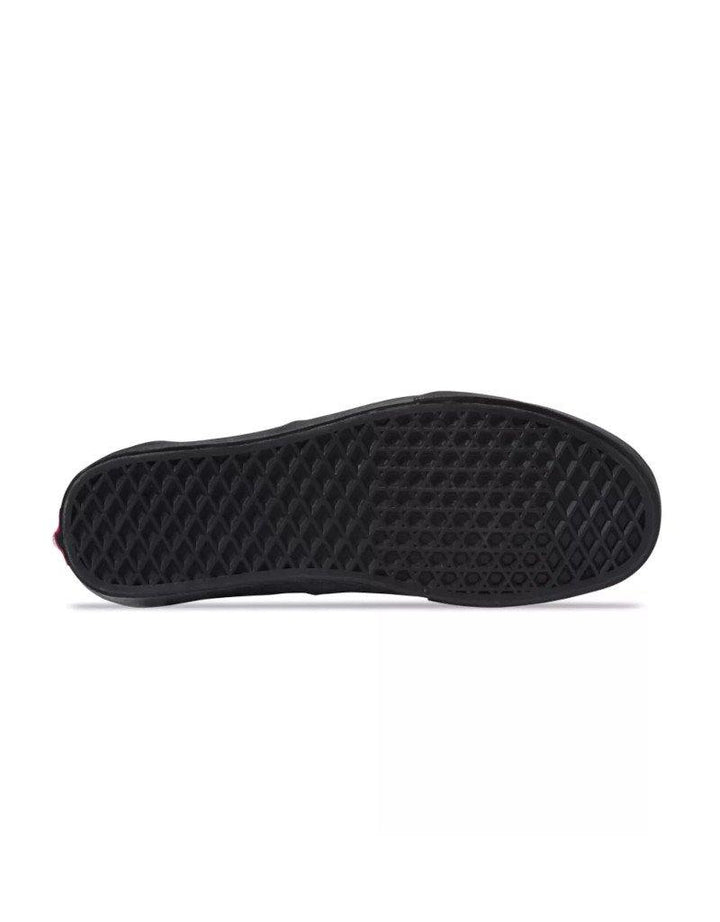 Vans Era Skate Shoe - Legendary low-top design with padded collars, sturdy canvas uppers, metal eyelets, and signature rubber waffle outsoles. A symbol of skate and street culture since 1976. Black/Black color and bottom rubber sole angle view.
