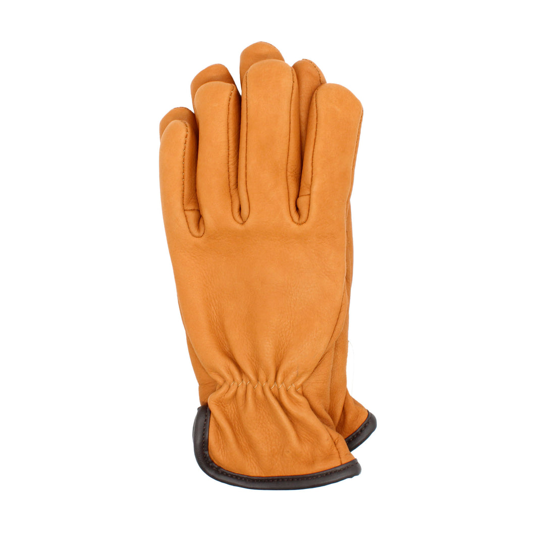 Pair of tan leather gloves on a white background
