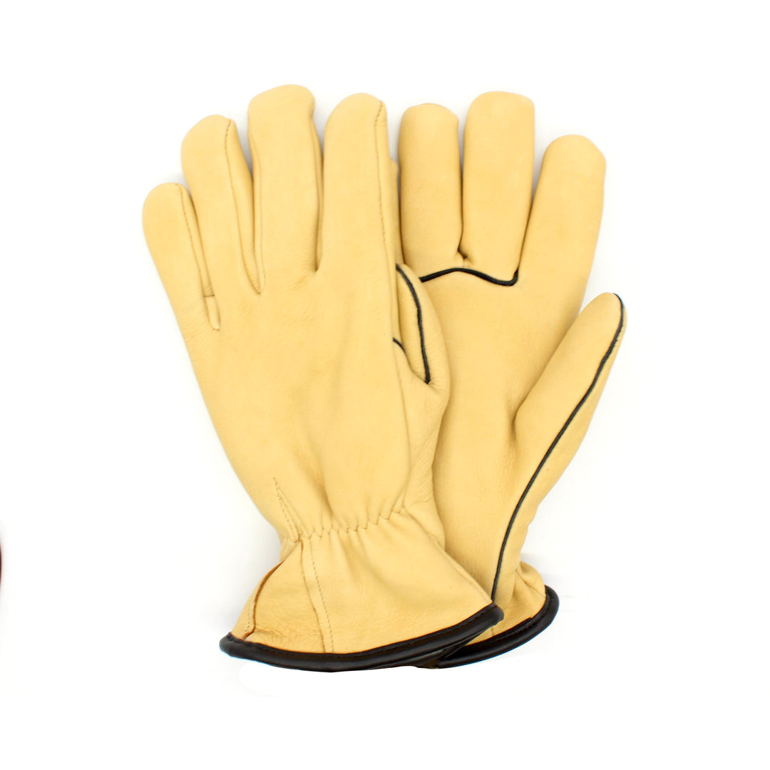 Yellow leather glove with black trim on a white background