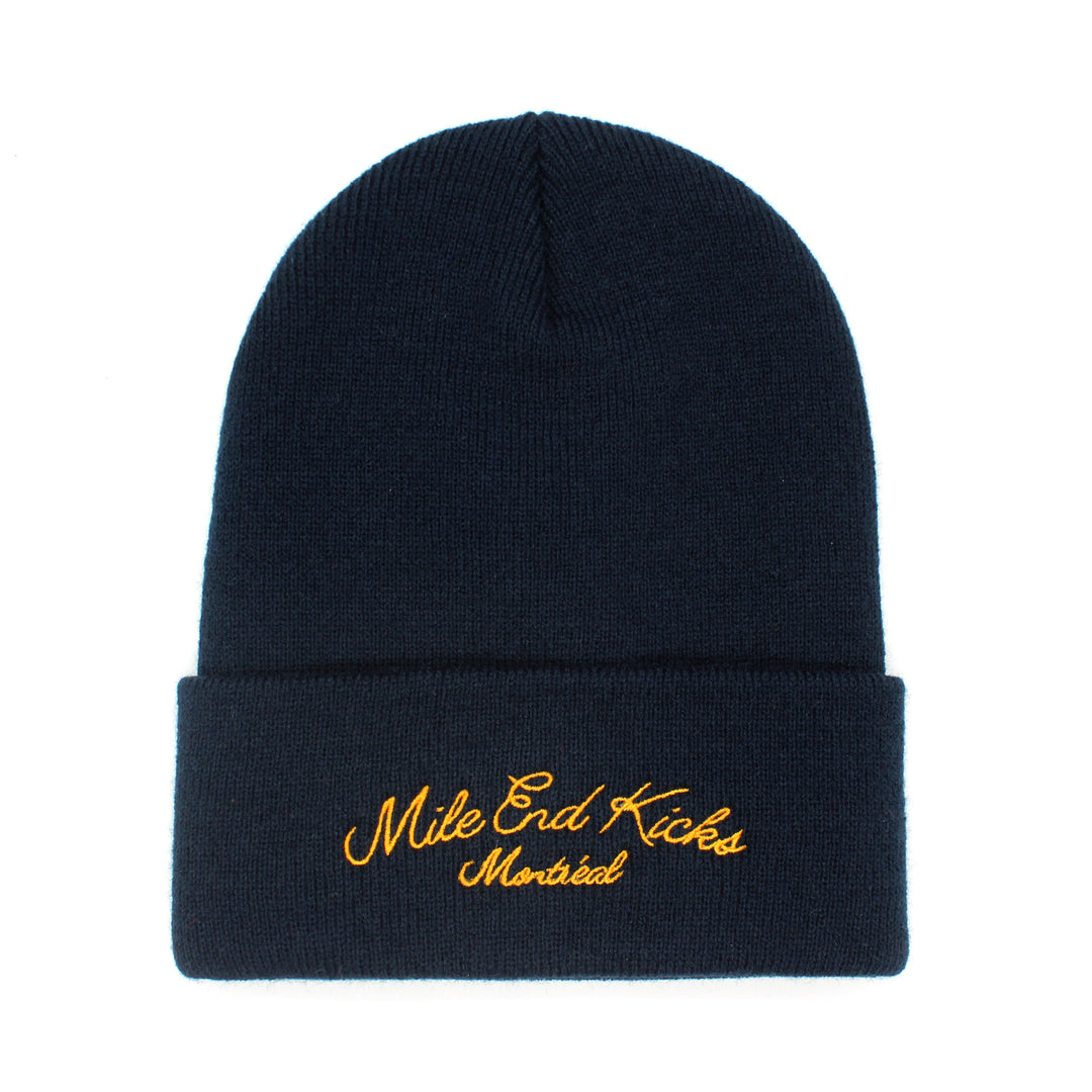 Navy beanie with yellow embroidered text on a white background