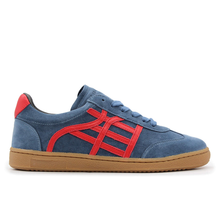 A navy and red sneaker with a gum sole.