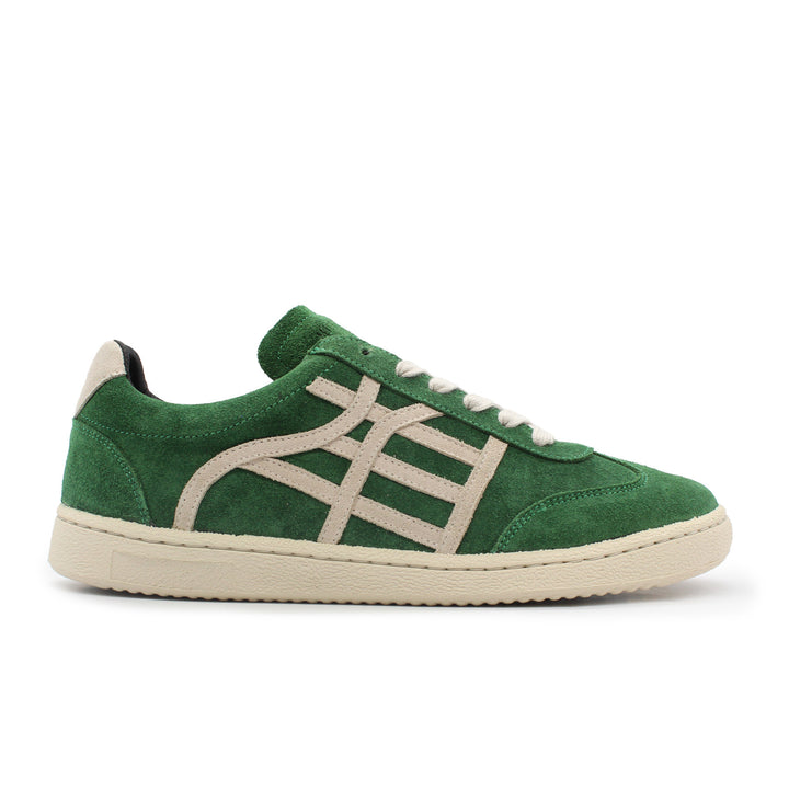A green and cream suede sneaker with a cream sole.