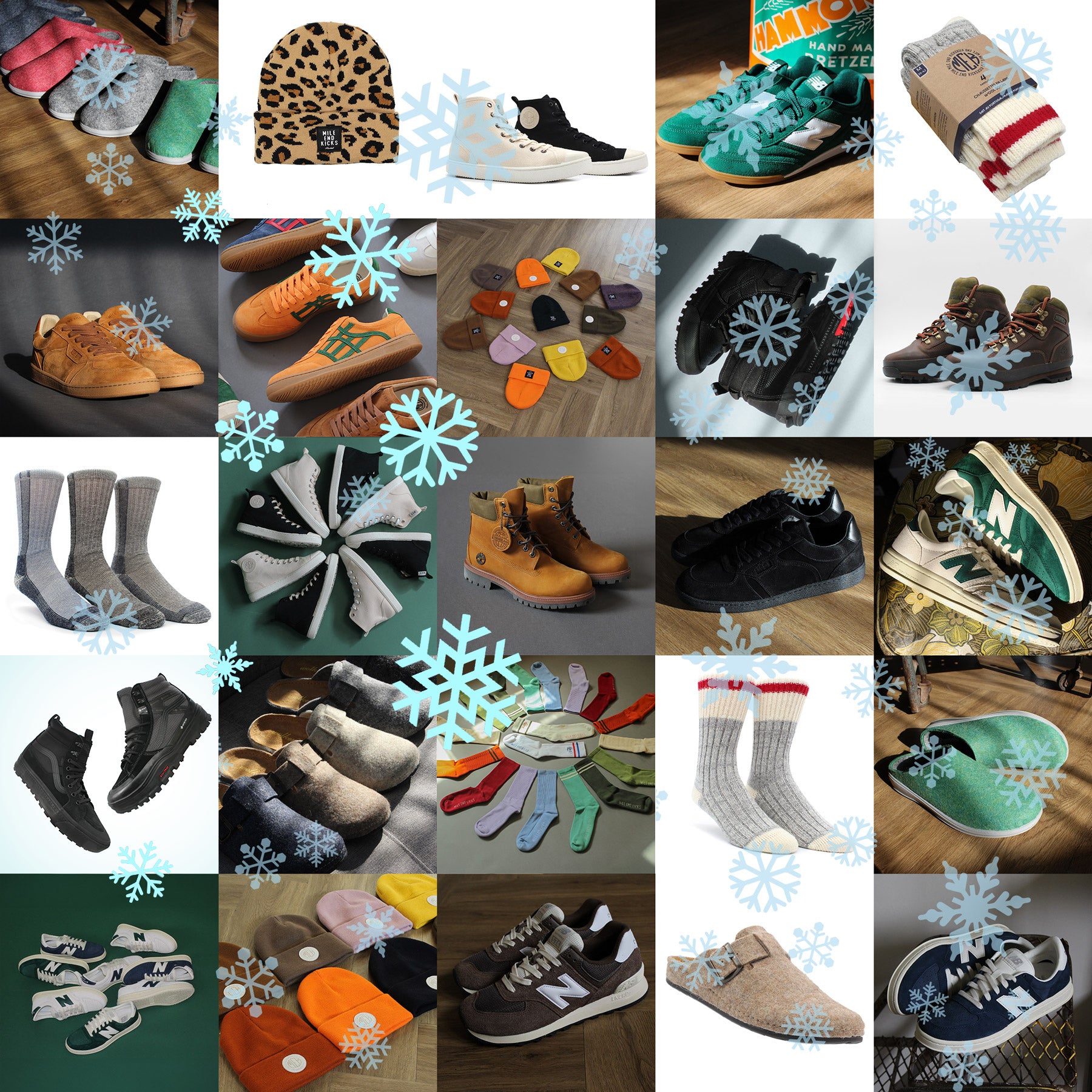 Collage of various shoes and socks with snowflake decorations