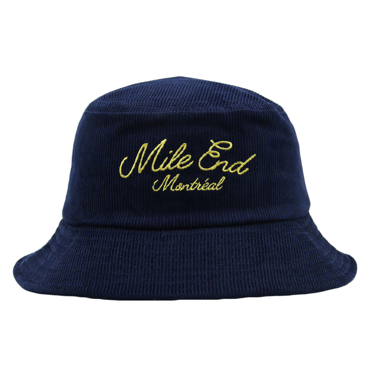 Navy bucket hat with yellow text on a white background