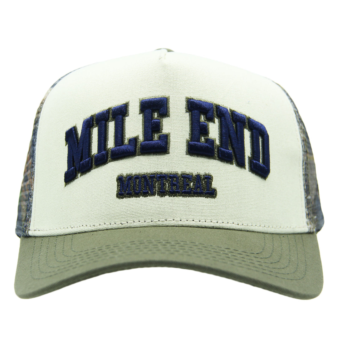 Trucker hat with 'Mile End Montreal' text on a white background