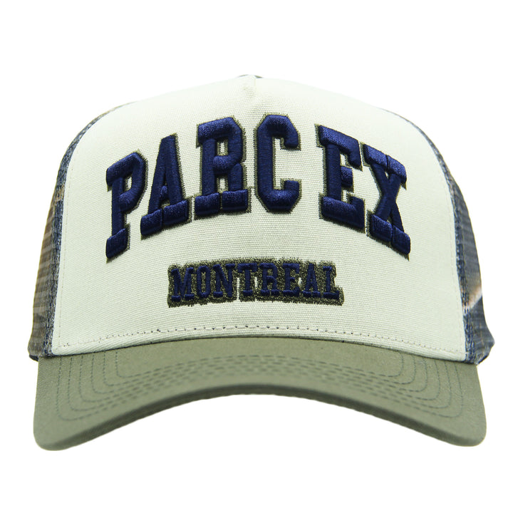 Trucker hat with 'PARC EX Montreal' text on a white background