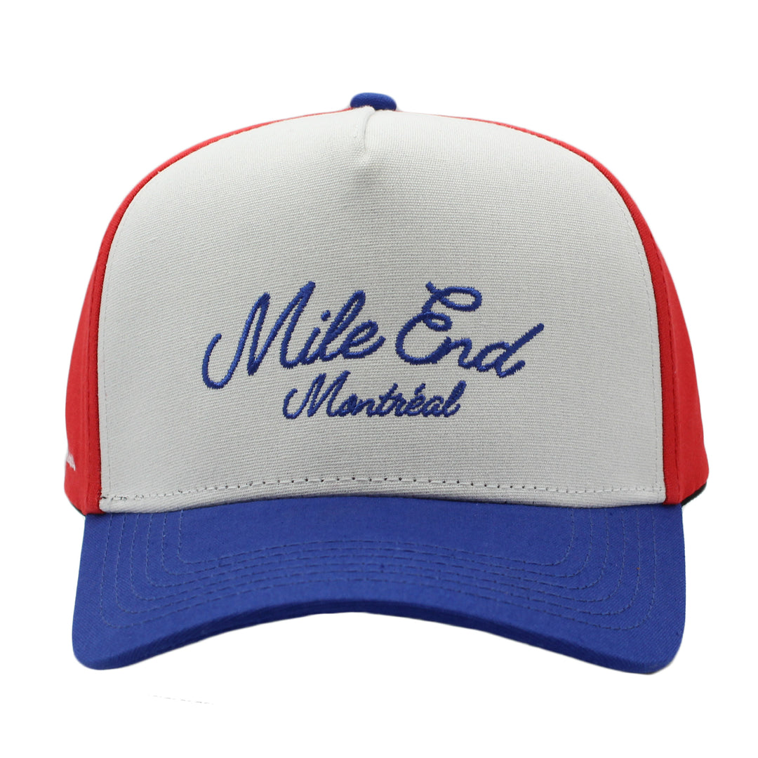 Trucker hat with 'Mile End Montreal' text on a white background
