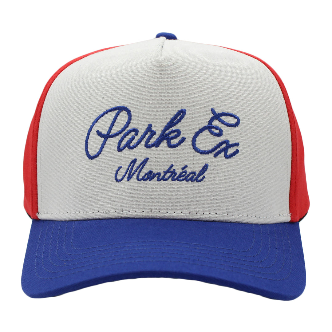 Baseball cap with 'Park Ex Montreal' text on a white background