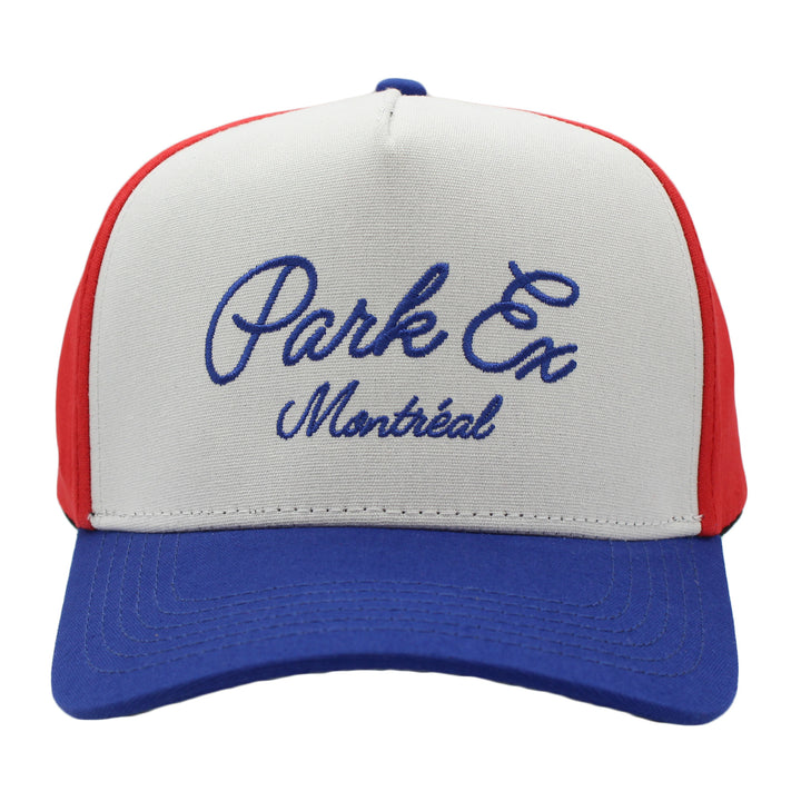 Baseball cap with 'Park Ex Montreal' text on a white background