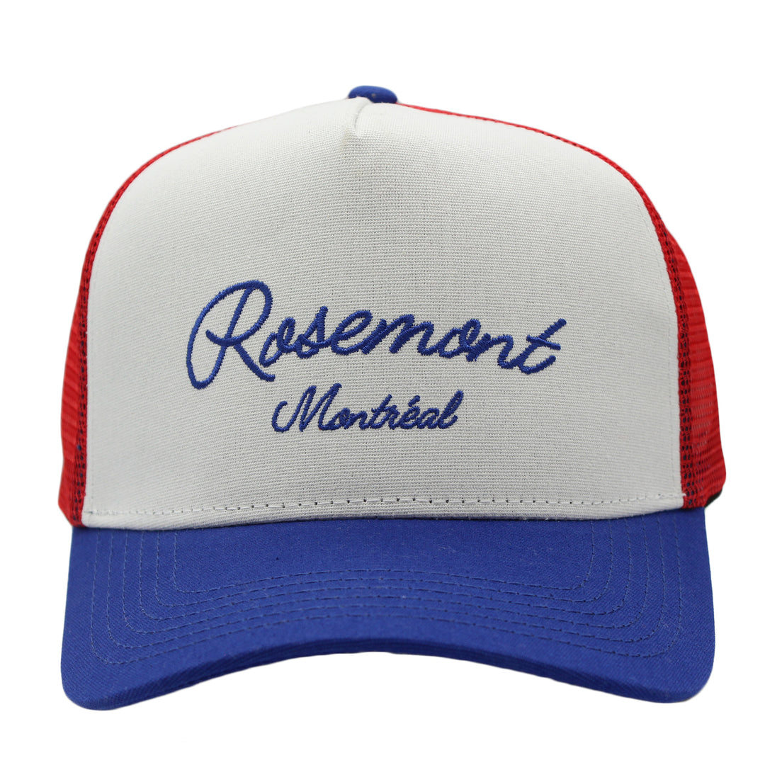 Trucker hat with 'Rosemont Montreal' text on a white background
