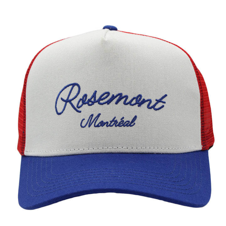 Trucker hat with 'Rosemont Montreal' text on a white background