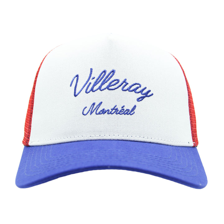 Trucker hat with 'Villeray Montreal' text on a white background