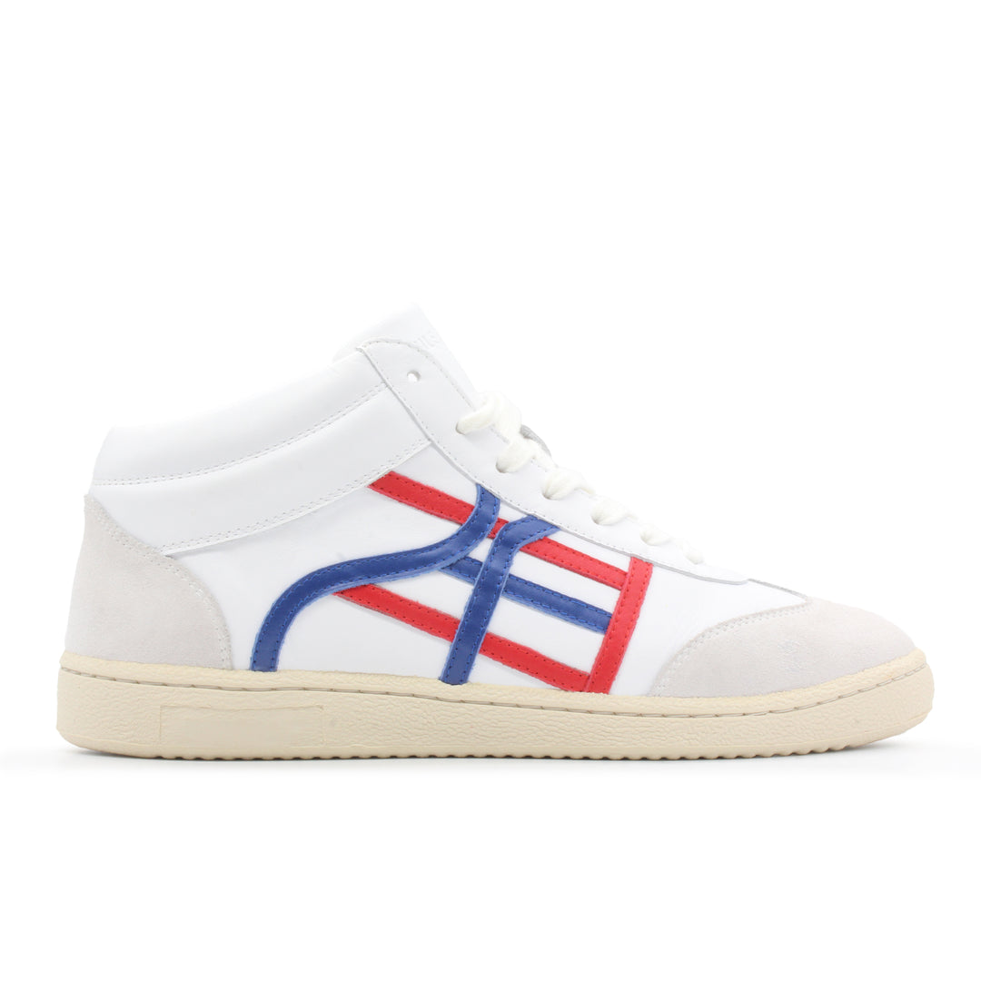 A white high top sneaker with red and blue accents shaped like streets on a map with a cream sole.