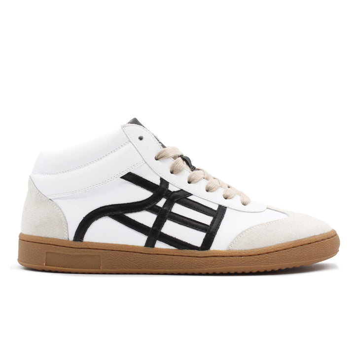 A white high top sneaker with black accents and a gum sole. The shoe is made of leather and suede.