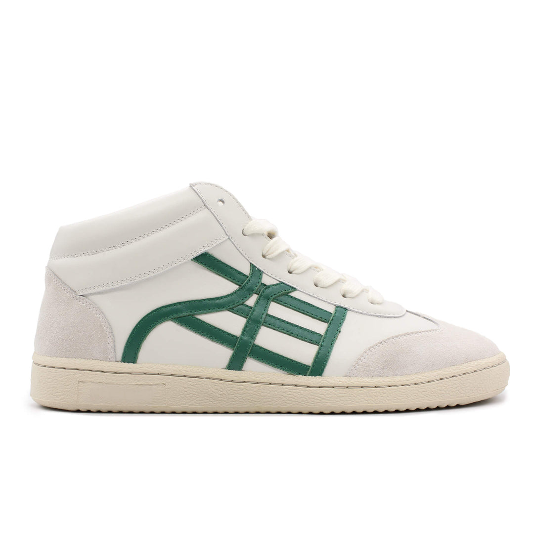 A white high top sneaker with green accents and a cream sole.