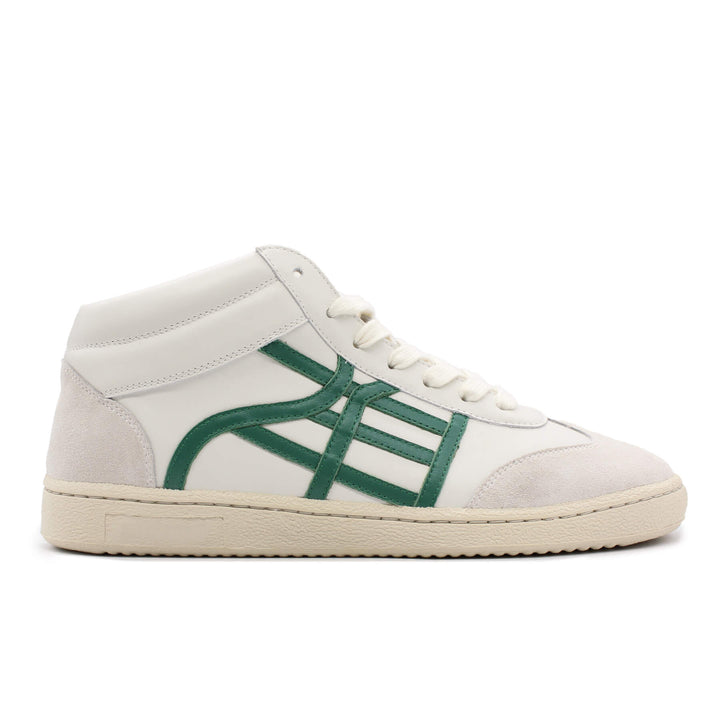 A white high top sneaker with green accents and a cream sole.