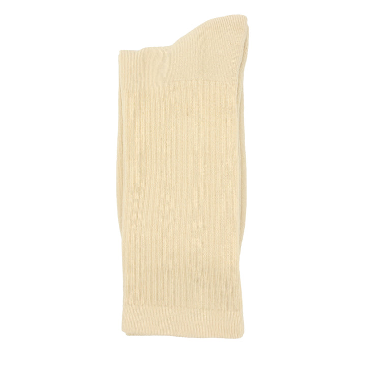 Beige ribbed knit sock on a white background