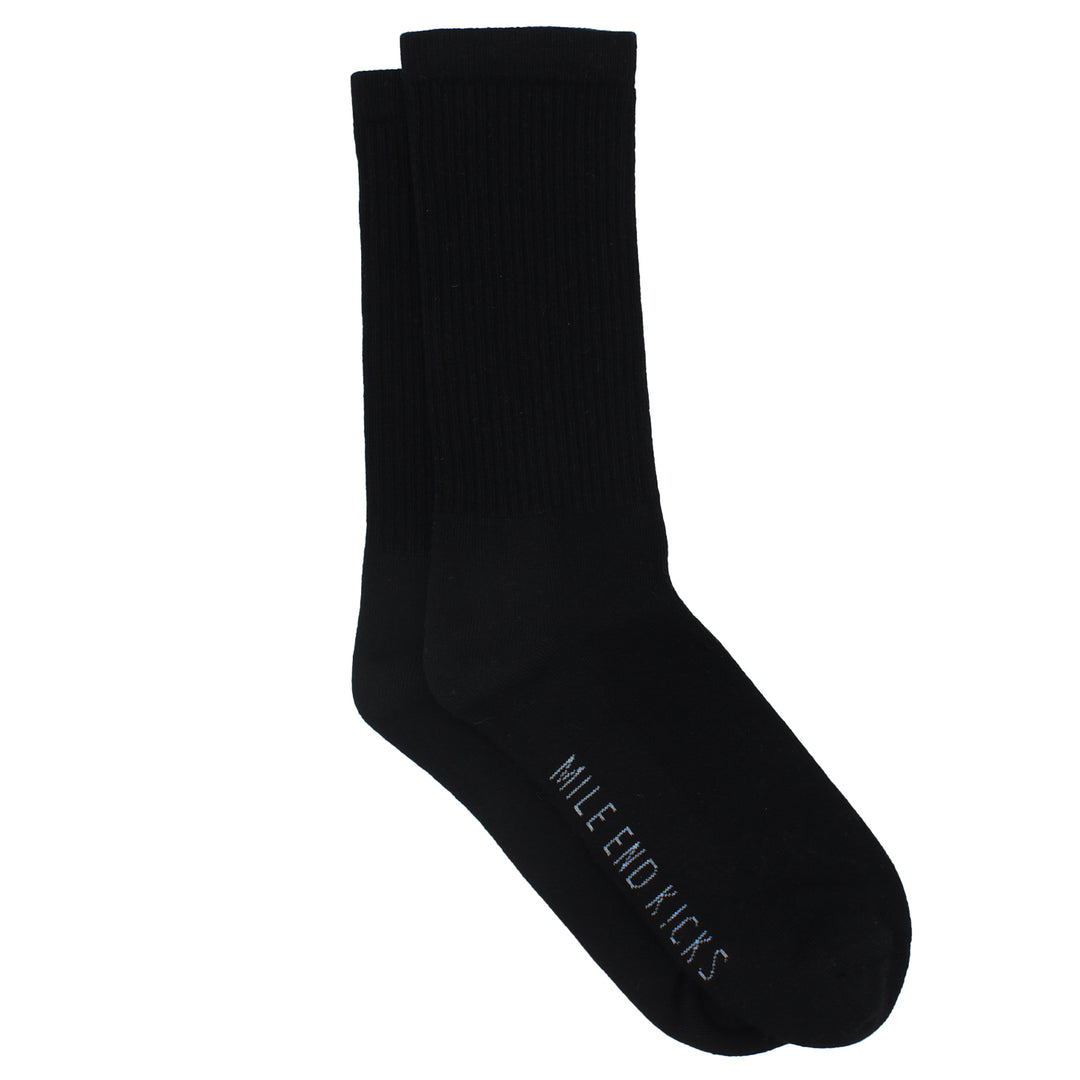 Black sock with 'Mile End Kicks' branding on a white background