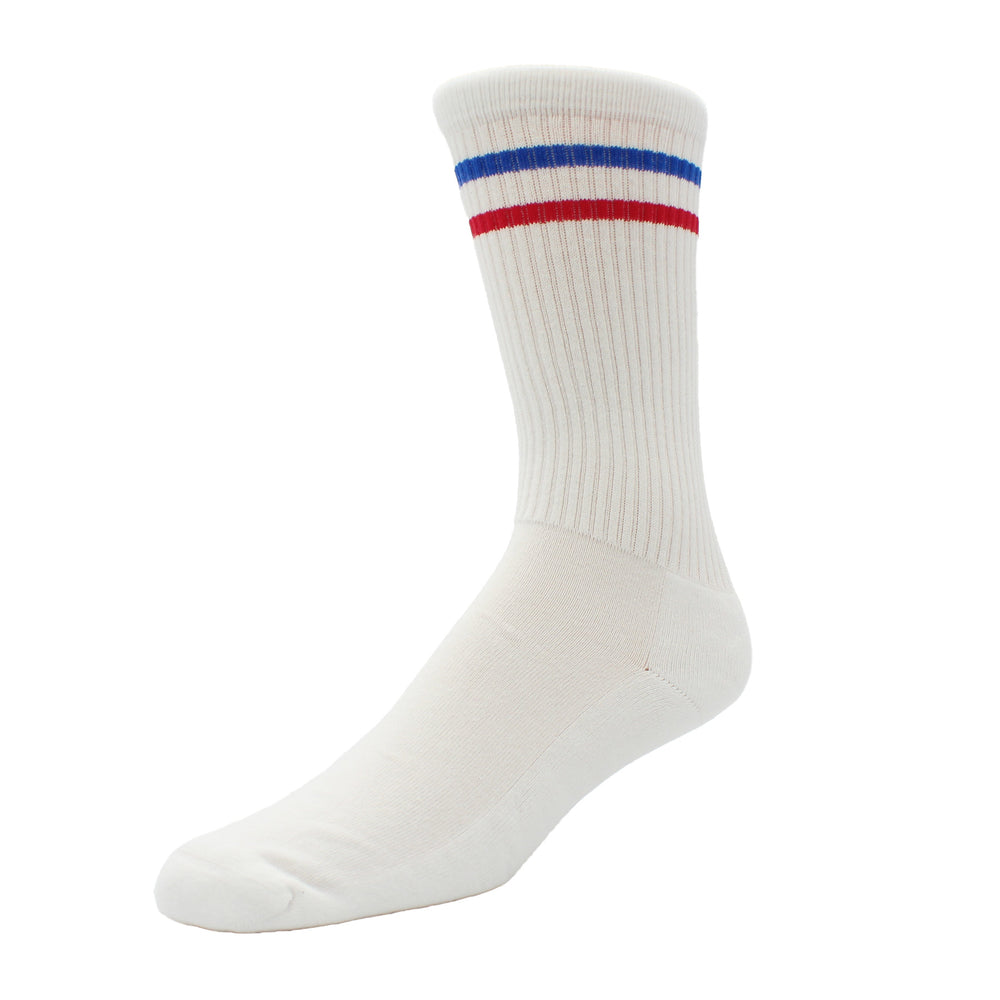 White sock with red and blue stripes on a white background