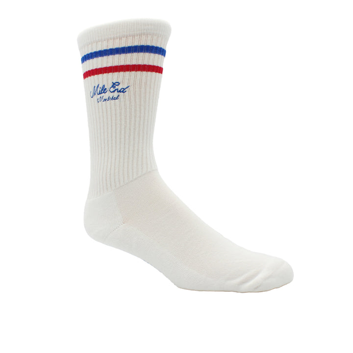 White sock with red, blue, and white stripes on a white background