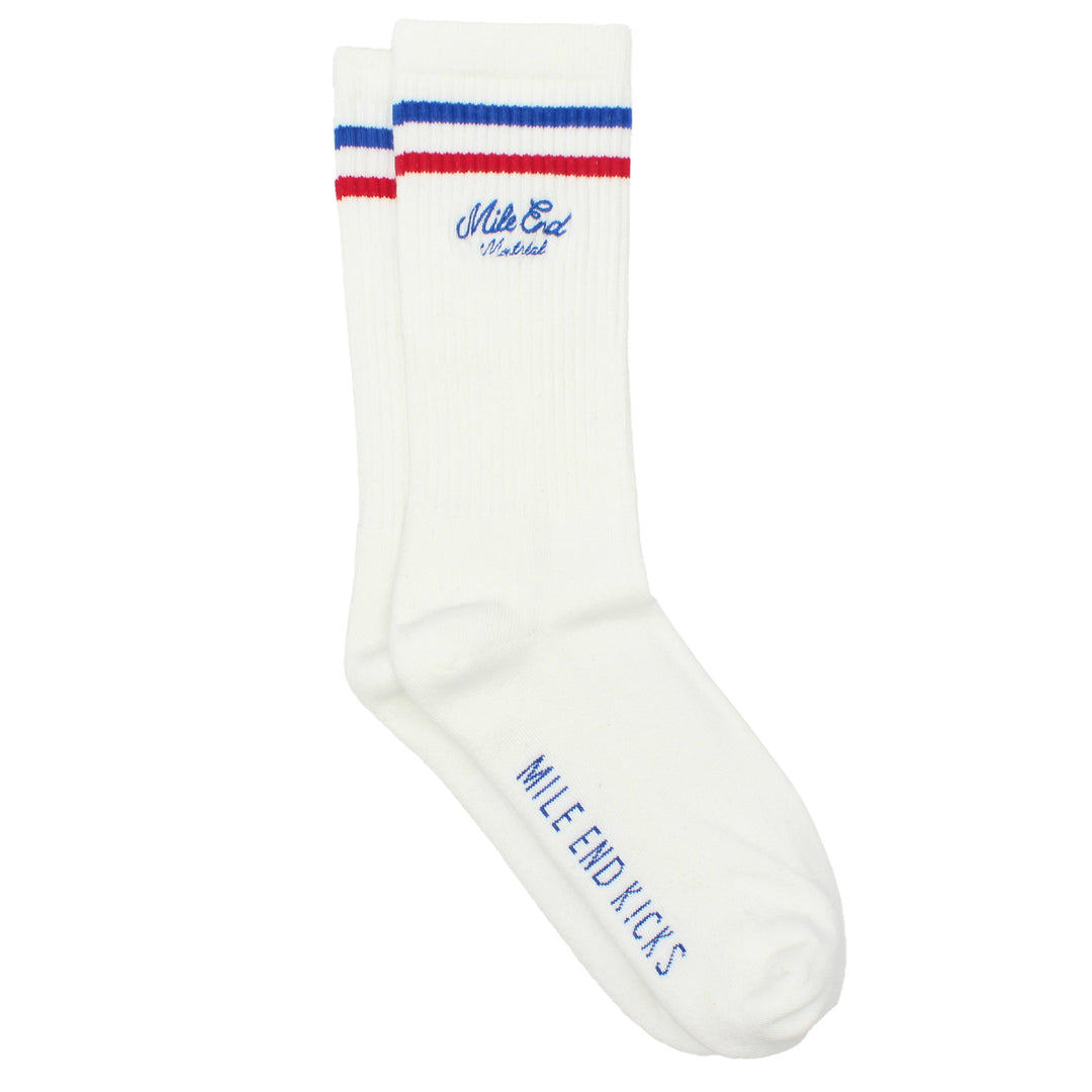 White sock with red and blue stripes and branding on a white background