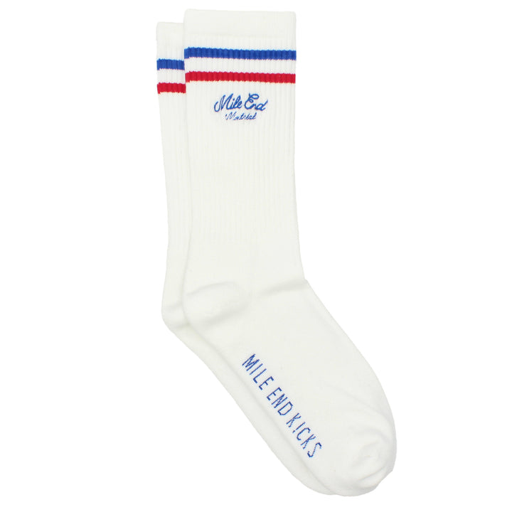 White sock with red and blue stripes and branding on a white background