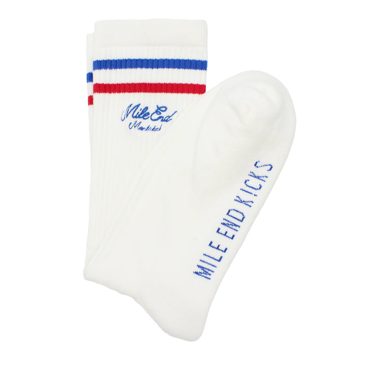 White sock with blue and red stripes and 'Mile End Kicks' branding on a white background