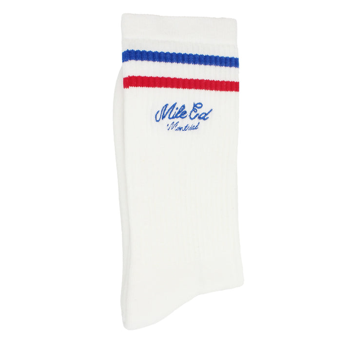 White sock with blue and red stripes and 'Mile End Kicks' branding on a white background