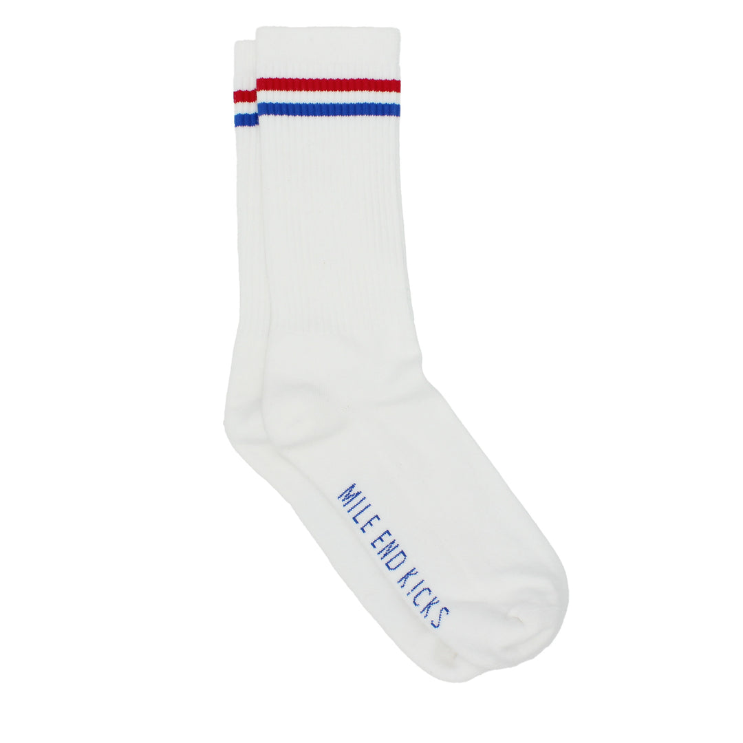 White sock with red and blue stripes and 'Mile End Kicks' branding on a white background