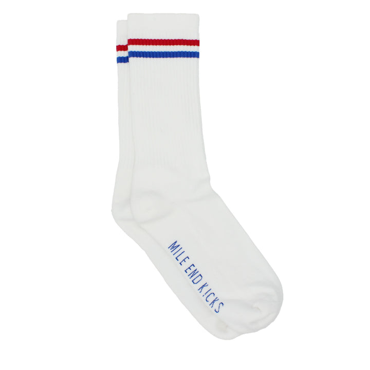 White sock with red and blue stripes and 'Mile End Kicks' branding on a white background