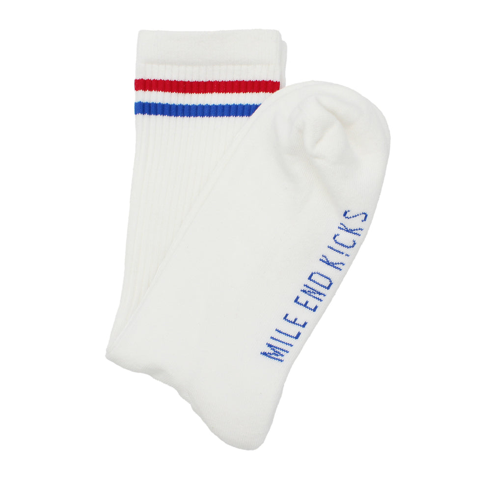 White sock with red and blue stripes and 'Mile End Kicks' text on a white background