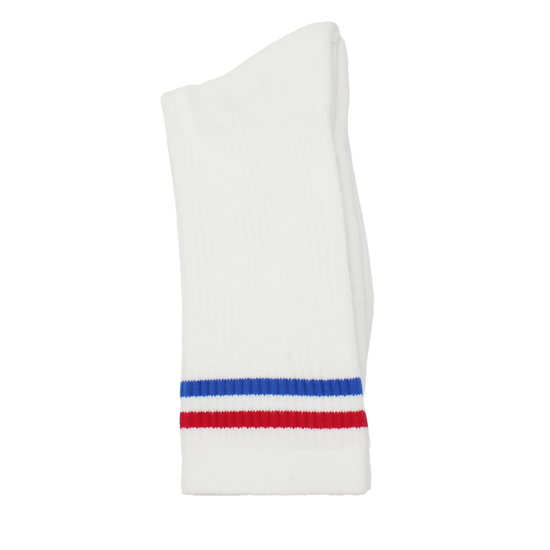 White sock with blue and red stripes on a white background