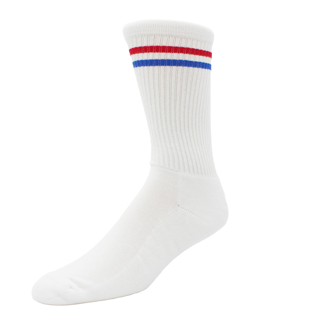 White sock with red and blue stripes on a white background