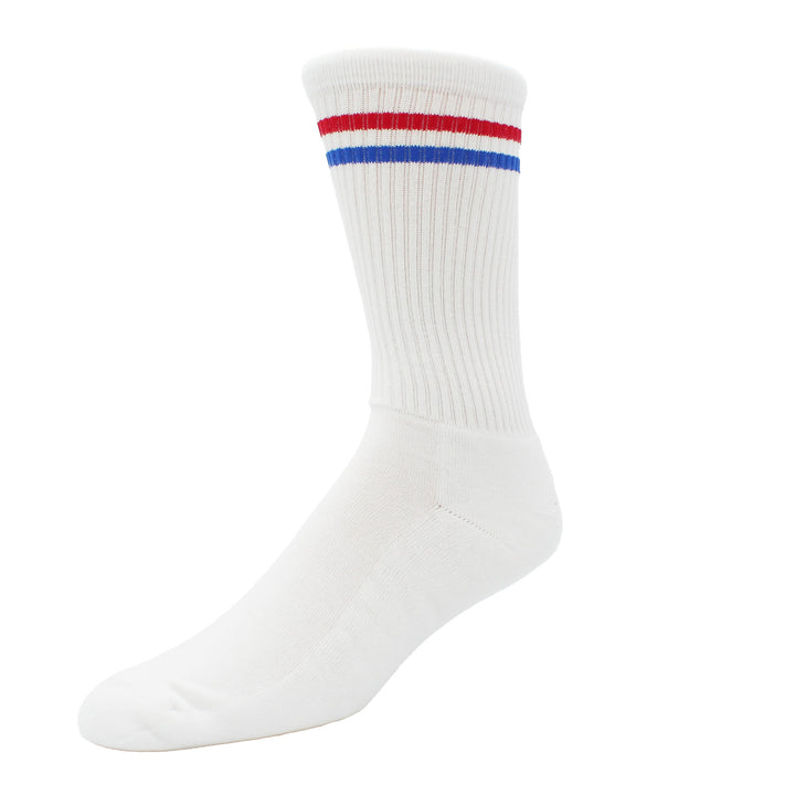 White sock with red and blue stripes on a white background